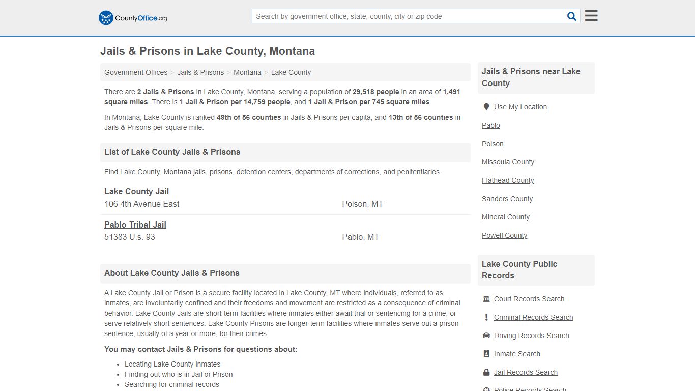 Jails & Prisons - Lake County, MT (Inmate Rosters & Records)